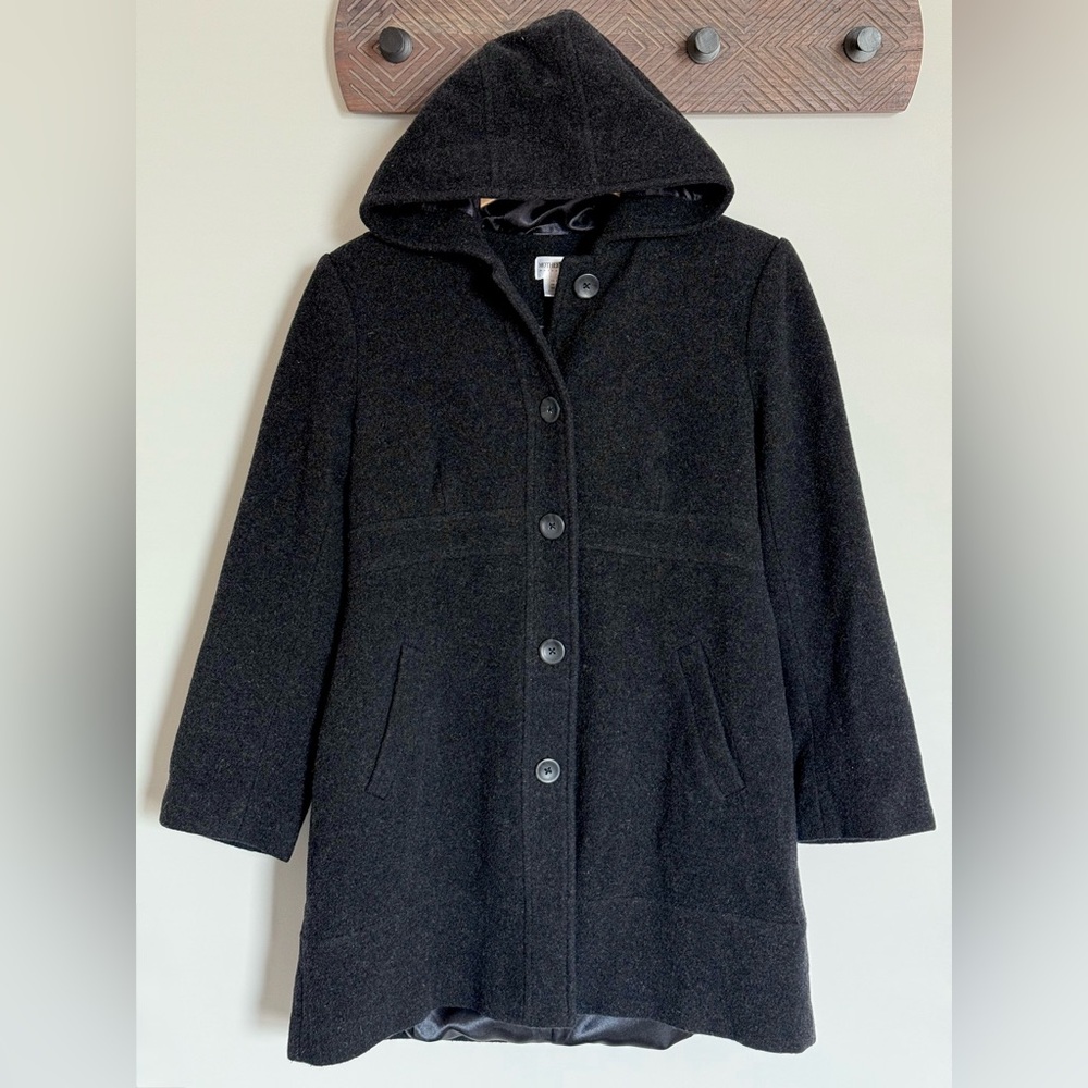 Motherhood Maternity Black Grey Wool Blend Hooded Pea Coat Size Small